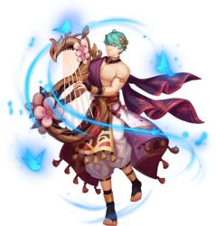  1boy anklet armband artist_request bare_pectorals belt biceps bird blue_hair bracelet chains collar flower gany_(gyee) gyee harem_pants harp instrument jewelry laurel_crown loincloth looking_at_viewer male_focus music notes official_art pants pectorals playing_instrument skirt smile solo third-party_source toga transparent_background yellow_eyes 