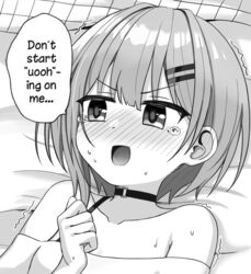  :d archived_source bad_id bed_sheet blush bra_strap breasts choker collarbone drawfag ear_blush embarrassed english_text facing_viewer female fummy greyscale hair_ornament hairclip hand_on_own_chest lying medium_hair meme monochrome nose_blush o-ring o-ring_choker off-shoulder_shirt off_shoulder on_back on_bed open_mouth pillow rurine_luna shirt sideways_glance single_strap small_breasts smile solo speech_bubble sweatdrop tearing_up third-party_edit trembling uohhhhhhhhh!_(meme) v-shaped_eyebrows virtual_youtuber wactor_production 