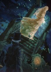  1boy black_headwear bloodborne brown_coat candle coat dress facing_another female hat highres layered_dress long_sleeves looking_down outdoors pregnant ruins short_hair stairs standing top_hat white_hair yharnam_phtumerian_queen yujia0412 