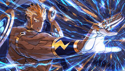  1boy abs armlet bad_source bara blonde_hair bracelet collar dark-skinned_male dark_skin electricity facial_hair fangs floating floating_object gyee jewelry long_sideburns male_focus manly muscular muscular_male nikism official_art open_mouth pointy_ears raikoh_(paradiso_guardian) ring sideburns slit_pupils solo spiked_hair stubble thick_arms thick_eyebrows topless_male upper_body veins veiny_arms yellow_eyes 