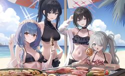  4girls alternate_costume arius_squad_(blue_archive) arm_up atsuko_(blue_archive) beach bikini black_bikini black_choker black_hair black_shorts blue_archive blue_sky breasts brown_eyes choker closed_mouth cloud cloudy_sky commentary_request day earrings eating food frilled_bikini frills green_hair grey_eyes hair_over_one_eye halo halterneck hands_up high_ponytail highleg highleg_bikini highres hiyori_(blue_archive) holding holding_food jewelry long_hair looking_at_food looking_at_viewer low_twintails meat medium_breasts misaki_(blue_archive) multiple_girls navel ocean one_eye_covered open_mouth outdoors ponytail ryouta_(ryouta335) saori_(blue_archive) shorts side_ponytail sidelocks sky steak stomach string_bikini stud_earrings summer swimsuit twintails v 