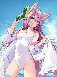  :d absurdres akanebi animal_ear_fluff animal_ears bare_shoulders blue_sky braid breasts cloud covered_navel day female hair_ornament hakui_koyori hexagon_hair_ornament highres hololive long_hair looking_at_viewer navel oerba_yun_fang off_shoulder one-piece_swimsuit open_mouth outdoors pink_hair purple_eyes sky smile solo standing swimsuit tail trigger_discipline virtual_youtuber wading water water_gun white_one-piece_swimsuit wolf_tail 