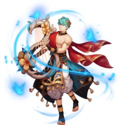  1boy anklet armband bad_source bare_pectorals belt biceps bird blue_eyes blue_hair bracelet chains collar flower gany_(gyee) gyee harem_pants harp instrument jewelry laurel_crown loincloth looking_at_viewer male_focus music notes official_art pants pectorals playing_instrument skirt smile solo toga transparent_background 