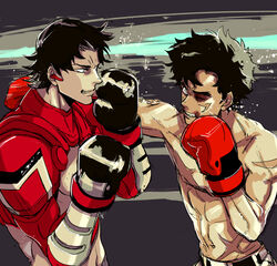  2boys black_hair boxing boxing_gloves bruise bruised_eye earpiece egg_(cknlun) exoskeleton eye_contact fighting gear_(megalo_box) grey_background injury joe_(megalo_box) looking_at_another male_focus megalo_box multiple_boys punching scar scar_on_arm scar_on_cheek scar_on_face scar_on_stomach shirato_mikio toned topless_male upper_body 