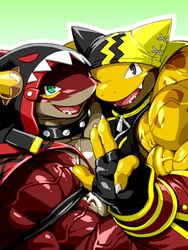  3:4 anthro armor biceps big_muscles black_clothing bracers brown_body carne_(kuroma) clothing collar deltoids duo fish green_eyes grey_eyes hoodie horn hug huge_muscles hyper hyper_muscles jacket kiltio_(kuroma) kuroma lizard male male/male manly marine muscular one_eye_closed pecs red_body red_clothing reptile scalie shark smile smiling_at_viewer swimwear tan_body topwear traps yellow_body yellow_clothing zipper 