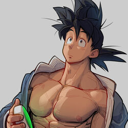  1boy bara bare_pectorals black_hair closed_mouth collarbone commentary_request dragon_ball dragon_ball_z dragon_radar hair_between_eyes highres holding looking_up male_focus medium_hair muscular muscular_male nipples open_clothes pectorals simple_background solo son_goku spiked_hair supobi upper_body 