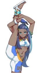  aqua_eyes aqua_hair armlet arms_up bad_id bad_twitter_id belly_chain bike_shorts black_hair blue_eyeshadow breasts closed_mouth commentary_request crop_top dark-skinned_female dark_skin dynamax_band earrings eyelashes eyeshadow female flexible gloves hair_bun highres hoop_earrings jewelry leg_hold leg_up long_hair makeup makino_harumaki midriff multicolored_hair navel necklace nessa_(pokemon) partially_fingerless_gloves pokemon pokemon_swsh sandals shorts simple_background single_glove single_hair_bun smile solo split standing standing_on_one_leg standing_split two-tone_hair white_background white_footwear 