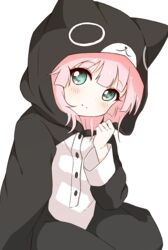  animal_ears animal_hood black_pajamas blue_eyes blush buttons cat_ears cat_hood cat_pajamas closed_mouth commentary dot_nose fake_animal_ears female hand_up hood hood_up hooded_pajamas looking_at_viewer minatsuki_hitoka pajamas pink_hair simple_background smile solo split_mouth white_background yoshikawa_chinatsu yuru_yuri 