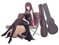  absurdres black_dress black_footwear black_pantyhose breasts dress elinnasky female full_body girls&#039;_frontline gun handgun high_heels highres holding holding_gun holding_weapon long_hair looking_at_viewer medium_breasts official_alternate_costume on_bench open_mouth pantyhose purple_hair red_eyes sitting solo teeth upper_teeth_only wa2000_(ballroom_interlude)_(girls&#039;_frontline) wa2000_(girls&#039;_frontline) walther walther_p99 weapon weapon_case white_background 