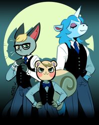  2020 animal_crossing anthro big_tail biped black_clothing black_nose black_topwear black_vest blonde_hair blue_bow_tie blue_hair blue_necktie bottomwear bow_tie closed_eyes clothed clothing domestic_cat equid equine eyewear facial_markings felid feline felis front_view glasses grey_body grey_bottomwear grey_clothing grey_pants group hair hand_in_pocket hands_on_own_hips head_markings horn julian_(animal_crossing) larger_male long_hair looking_at_viewer male mammal markings marshal_(animal_crossing) muzzle_(marking) mythological_creature mythological_equine mythology necktie nintendo pants pockets raymond_(animal_crossing) rodent rosy_cheeks sciurid shirt short_hair size_difference smaller_male snout snout_markings somik standing tail topwear tree_squirrel trio unicorn unicorn_horn vest whiskers white_body white_clothing white_markings white_shirt white_topwear 