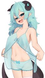  :d bare_arms bare_shoulders blue_bow blue_camisole blue_eyes blue_hair blue_shorts borrowed_character bow bow_shorts breasts broken_horn camisole collarbone commentary cowboy_shot english_commentary female frilled_shorts frills hair_between_eyes hairbow highres horns light_blue_hair lingerie looking_at_viewer medium_breasts navel oerba_yun_fang open_mouth original pointy_ears see-through see-through_camisole short_shorts shorts simple_background single_thighhigh smile smug solo tail thighhighs underwear white_background white_thighhighs yoako 