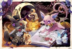  ascot black_headwear book clothed_pokemon coco7 commentary espeon flower halloween happy_halloween hat jack-o&#039;-lantern leaf litwick mimikyu no_humans pokemon pokemon_(creature) purple_eyes toes umbreon 