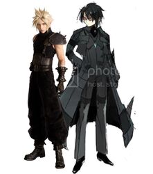  2boys aqua_eyes armor baggy_pants bandaged_arm bandages black_footwear blonde_hair blue_pants blue_shirt boots buster_sword cloud_strife final_fantasy final_fantasy_vii final_fantasy_vii_remake full_body gradient_background hair_between_eyes highres holding holding_sword holding_weapon jacket looking_at_viewer male_focus multiple_boys on_motorcycle pants personification pokemon shirt short_hair shoulder_armor single_bare_shoulder sleeveless sleeveless_turtleneck spiked_hair sunglasses suspenders sword third-party_edit tinted_eyewear toned toned_male turtleneck weapon yara_kami_meiosei yellow_eyes zekrom 