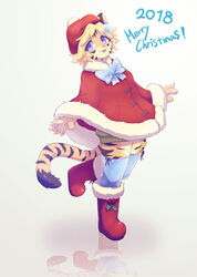  2018 5_fingers :d absolute_territory accessory alternative_fashion anthro biped black_body black_ears black_fur black_stripes black_tail blonde_hair blue_bow blue_clothing blue_eyes blue_legwear boots bow_(feature) christmas claws clothed clothing countershade_hands countershade_legs countershade_torso countershading digital_media_(artwork) dipstick_tail felid female female_anthro finger_claws fingers footwear full-length_portrait fully_clothed fuo_(hanadaiteol) fur fur_trim_(clothing) hair hair_accessory hanadaiteol hat headgear headwear holidays holly_(plant) j-fashion kemono legwear mammal markings merry_christmas monotone_hair multicolored_body multicolored_ears multicolored_fur on_one_leg open_mouth orange_body orange_fur orange_tail ouji_(fashion) pantherine pawpads pink_nose pink_pawpads pink_tongue plant plantigrade pom_hat poncho portrait print_clothing pupils raised_leg red_boots red_clothing red_footwear red_hat red_headwear reflection short_hair slit_pupils smile snowflake solo standing stripes tail tail_markings tan_body tan_claws tan_ears tan_fur tan_inner_ear tiger tongue two_tone_ears two_tone_tail 