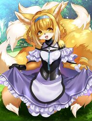  8_tails accessory anthro arknights bottomwear canid canine clothed clothing female fox grass headband hypergryph kneeling looking_at_viewer mammal multi_tail plant ruri_tsubame skirt smile solo studio_montagne suzuran_(arknights) tail tree 