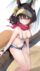  :3 absurdres animal_ear_fluff animal_ears bare_arms bare_legs bare_shoulders bikini bikini_under_clothes blue_archive blue_shorts blush breasts brown_hair cleavage closed_mouth cutoffs denim denim_shorts feet_out_of_frame female flower fox_ears fox_girl fox_tail hair_flower hair_ornament highres izuna_(blue_archive) izuna_(swimsuit)_(blue_archive) looking_at_viewer medium_breasts micro_shorts open_fly scarf scrunchie shorts sitting smile solo somray string_bikini striped_bikini striped_clothes sunflower sunflower_hair_ornament swimsuit tail thighs visor_cap wrist_scrunchie yellow_eyes 