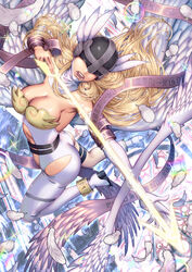  aiming angel_wings angewomon armpits arrow_(projectile) ass asymmetrical_clothes bare_shoulders belt blonde_hair bodysuit boobplate boots breasts cleavage clothing_cutout cosmicleeches covered_eyes digimoji digimon digimon_(creature) elbow_gloves english_commentary falling_feathers feathered_wings feathers female floating floating_hair gloves hagoromo helmet helmet_over_eyes highres holding holding_arrow holy_ring knee_boots large_breasts long_hair making-of_available multiple_wings navel_cutout o-ring o-ring_belt open_mouth shawl single_knee_boot solo teeth thigh_strap watermark white_bodysuit white_footwear winged_helmet wings 