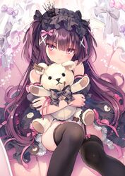  black_thighhighs bow candy chloe_(rubi-sama) commentary_request crown eyes_visible_through_hair feet_out_of_frame female food garter_straps hair_ribbon hairband highres holding holding_stuffed_toy lolita_hairband looking_at_viewer mini_crown original pink_bow purple_eyes ribbon rubi-sama sitting smile solo stuffed_animal stuffed_toy teddy_bear thighhighs two_side_up yume_utsutsu_quintet 