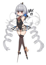  absurdres bailingxiao_jiu bare_shoulders black_hat black_leotard blue_flower blush breasts brown_legwear chinese_commentary commentary_request drill_hair female flower full_body grey_hair hair_flower hair_ornament hat highres leotard long_hair long_sleeves low_twintails mini_hat original partial_commentary puffy_long_sleeves puffy_sleeves red_eyes simple_background sleeves_past_fingers sleeves_past_wrists small_breasts solo twin_drills twintails very_long_hair white_background white_sleeves 