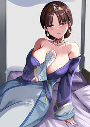  absurdres bare_shoulders blush breasts brown_eyes brown_hair choker commentary_request dunyarzad_(genshin_impact) earrings female genshin_impact highres huge_breasts jewelry light_smile on_bed short_hair sitting solo tian_kazuki tiara 