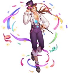  1boy artist_request bad_source bare_pectorals belt brown_hair chains confetti crystal felix_(gyee) gyee hand_on_headwear hat long_hair long_sleeves looking_at_viewer male_focus medallion multicolored_eyes official_art one_eye_closed open_clothes open_shirt pants pectorals rainbow_eyes shoes smile socks solo staff transparent_background 