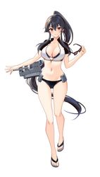  bikini black_bikini black_hair breasts female flip-flops full_body hair_between_eyes holding holding_removed_eyewear ichinomiya_(blantte) kantai_collection large_breasts long_hair machinery navel open_mouth ponytail red_eyes rigging sandals short_sleeves simple_background smile solo swimsuit turret unworn_eyewear very_long_hair white_background yahagi_(kancolle) 