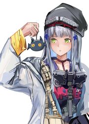  absurdres black_headwear blue_hair breasts clukay_(neural_cloud) commentary female girls&#039;_frontline girls&#039;_frontline_neural_cloud green_eyes hair_ornament hairclip highres hk416_(girls&#039;_frontline) holding jacket light_blush lithographica long_hair long_sleeves looking_at_viewer open_clothes open_jacket open_mouth parted_lips print_shirt purple_shirt shirt solo upper_body white_background white_jacket 