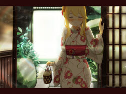  architecture bag blonde_hair blush clarice_(idolmaster) closed_eyes east_asian_architecture female floral_print handbag holding holding_bag idolmaster idolmaster_cinderella_girls japanese_clothes kimono letterboxed motomoufu_(p_blanket) plant print_kimono sidelocks smile solo white_kimono wide_sleeves 