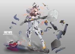  absurdres arknights armor breasts chain_gun cleavage cosplay female gradient_background gundam gundam_msv hammer highres holding holding_hammer holding_weapon horns large_breasts leg_armor mudrock_(arknights) mudrock_gundam mudrock_gundam_(cosplay) name_connection pink_hair pointy_ears power_armor red_eyes science_fiction sideboob solo standing v-fin weapon zhu_fun 