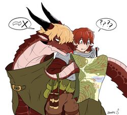  ambiguous_gender annette_(tinypigdraws) armor binoculars blonde_hair blue_eyes cloak clothing dragon duo feral gloves green_cloak green_clothing green_eyes hair handwear hi_res horn human long_neck mammal map mythological_creature mythological_scalie mythology open_mouth pupils question_mark red_body red_hair red_scales scales scalie scar signature simple_background slit_pupils speech_bubble tail tinypigdraws tongue tongue_out white_background william_(tinypigdraws) 