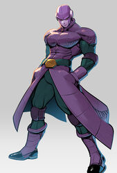  1boy bald belt boots bulge closed_mouth colored_skin commentary_request dragon_ball dragon_ball_super hand_in_pocket highres hit_(dragon_ball) male_focus muscular muscular_male no_eyebrows pectorals purple_skin red_eyes simple_background solo standing supobi 