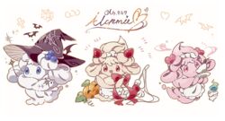  alcremie bow character_name clothed_pokemon coco7 commentary cup fork hat heart holding holding_wand no_humans pokedex_number pokemon pokemon_(creature) red_bow red_eyes red_ribbon ribbon saucer smile teacup wand 