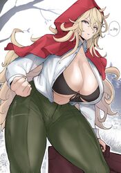  absurdres ass black_bra blonde_hair blue_eyes boots bra breasts capelet cleavage female green_pants grimm_(red_hood) highres hood hood_up hooded_capelet large_breasts long_hair long_sleeves looking_at_viewer muscular muscular_female open_clothes open_shirt pants puzenketsu red_capelet red_hood_(kawaguchi) shirt solo standing thick_thighs thighs underwear white_shirt 