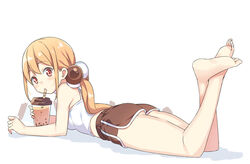  ass bare_arms bare_legs bare_shoulders barefoot blonde_hair blush brown_eyes brown_shorts bubble_tea camisole chinese_commentary closed_mouth commentary_request crossed_legs cup disposable_cup drinking drinking_straw feet female full_body hair_between_eyes hair_bobbles hair_ornament hatsunatsu holding holding_cup legs_up long_hair low_twintails lying on_stomach shadow short_shorts shorts solo the_pose twintails very_long_hair white_background white_camisole xiaoyuan_(you_can_eat_the_girl) you_can_eat_the_girl 