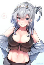  artist_name bikini black_bikini blush breasts cleavage closed_mouth collarbone female grey_eyes grey_hair grey_jacket hair_between_eyes headband heart highres jacket kantai_collection large_breasts long_hair long_sleeves looking_at_viewer mani_oniniku navel official_alternate_costume one_side_up signature solo spoken_heart suzutsuki_(kancolle) suzutsuki_(swimsuit_mode)_(kancolle) swimsuit upper_body white_headband 