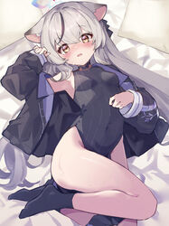  absurdres animal_ears arm_up armpits bed black_dress black_jacket black_socks blue_archive blush breasts brown_eyes china_dress chinese_clothes commentary_request covered_navel dress female grey_hair highres jacket kokona_(blue_archive) long_hair lying mola_mola multicolored_hair no_shoes off_shoulder on_back open_mouth pillow sleeveless sleeveless_dress small_breasts socks solo streaked_hair thighs tiger_ears tiger_girl very_long_hair 