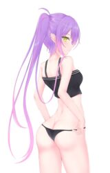  adjusting_clothes adjusting_panties ass bad_id bad_pixiv_id bare_arms black_panties black_tank_top breasts butt_crack chocomaru commentary ear_piercing female green_eyes highres hololive light_blush long_hair looking_at_viewer looking_back multicolored_hair panties piercing pointy_ears purple_hair sidelocks simple_background sleeveless small_breasts smile solo streaked_hair tank_top tokoyami_towa tokoyami_towa_(1st_costume) twintails two-tone_hair underwear virtual_youtuber white_background 