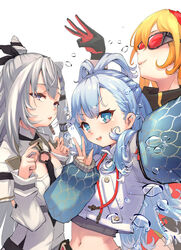  3girls black_ribbon blonde_hair blue_eyes blue_hair braid crop_top cropped_jacket dress gloves goggles grey_eyes grey_hair hair_between_eyes hair_ribbon highres holoh3roes hololive hololive_indonesia jacket kaela_kovalskia kaela_kovalskia_(1st_costume) kobo_kanaeru kobo_kanaeru_(1st_costume) long_hair long_sleeves looking_at_viewer midriff mitsuru_(pixiv_34028718) multiple_girls navel parted_lips red-tinted_eyewear red_eyes ribbon selfie sleeves_past_wrists smile sunglasses tinted_eyewear v-shaped_eyebrows very_long_hair vestia_zeta vestia_zeta_(1st_costume) virtual_youtuber w white_dress white_jacket 