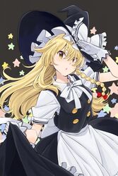  apron black_dress blonde_hair bow braid breasts dress female gloves hairbow hat kirisame_marisa long_hair looking_at_viewer open_mouth short_sleeves single_braid solo touhou waist_apron white_gloves witch_hat yamaguchi_satoshi yellow_eyes 