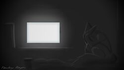  16:9 anthro bed bodily_fluids crying curled_up depression electronics fetal_pose furniture hand_on_head head_down inside machine male mathew_bailey monitor monochrome on_bed planetary_mayor protogen sad shaded simple_shading solo tears widescreen 