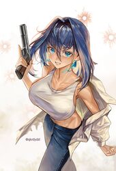  bad_neck blue_eyes blue_hair bow bow_earrings breasts bullet_hole denim earrings female gun hair_intakes handgun highres holding holding_gun holding_weapon hololive hololive_english jeans jewelry m1911 open_clothes open_shirt ouro_kronii pants santafe99 short_hair sideboob solo sports_bra trigger_discipline virtual_youtuber weapon white_sports_bra 