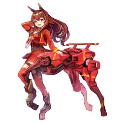  :d absurdres animal_ears aqua_eyes arm_behind_head arm_up blush bodice bow bowtie breasts brown_hair centaur commentary emutsuichi exoskeleton female floating_hair full_body hair_between_eyes highres horse_ears horse_tail jacket large_breasts long_hair long_sleeves looking_at_viewer maruzensky_(umamusume) mecha_musume open_mouth pleated_skirt red_jacket red_shirt red_skirt red_thighhighs shirt sidelocks simple_background skirt smile solo spoiler_(automobile) standing standing_on_three_legs tail taur thigh_strap thighhighs umamusume white_background white_bow white_bowtie zettai_ryouiki 