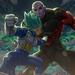  2boys bald black_eyes blue_hair clenched_hand colored_skin commentary_request dragon_ball dragon_ball_super fighting gloves jiren male_focus multiple_boys muscular muscular_male open_mouth pectorals pink_skin punching saiyan_armor spandex spiked_hair super_saiyan super_saiyan_blue supobi vegeta white_gloves 