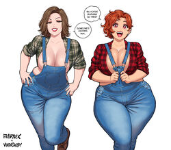  2girls absurdres amber_(fellatrix) artist_name blue_overalls breasts brown_hair cleavage collaboration commentary english_commentary english_text fellatrix hands_on_own_hips highres medium_hair multiple_girls open_mouth orange_hair original overalls red_lips red_nails simple_background speech_bubble teeth upper_teeth_only vixenshelby watermark white_background 