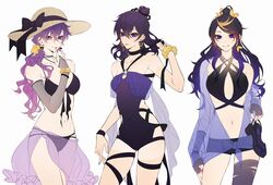  3girls aqua_nails bikini black_bikini black_choker black_gloves black_hair blonde_hair blue_eyes breasts choker earrings fingerless_gloves genderswap_(mtf) gloves hat heart heart_earrings heterochromia highres indie_virtual_youtuber jewelry light_purple_hair looking_at_viewer multiple_girls navel nijisanji nijisanji_en patklugwlfxw3h7 pink_eyes pink_nails purple_eyes purple_hair rule_63 shoto_(vtuber) shu_yamino smile sun_hat swimsuit uki_violeta virtual_youtuber wavy_hair 