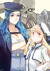  3girls black_jacket blonde_hair blue_hair breasts cleavage closed_eyes closed_mouth collarbone colored_skin commentary_request cropped_jacket crossed_arms fate_(series) gradient_hair grey_skin hand_on_own_hip highres jacket jacket_on_shoulders large_breasts latio_crudelis_hiram long_hair long_sleeves looking_at_viewer lord_el-melloi_ii_case_files maid_headdress multicolored_hair multiple_girls profile purple_eyes red_eyes reines_el-melloi_archisorte satou_usuzuku skull tangere_(fate) trimmau_(fate) white_headwear 