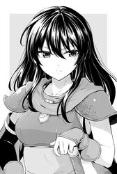  armor breastplate dress female fingerless_gloves fire_emblem fire_emblem:_thracia_776 gloves greyscale hair_between_eyes holding holding_sword holding_weapon long_hair mareeta_(fire_emblem) monochrome scarf shoulder_armor simple_background sleeveless sleeveless_dress solo sword ten_(tenchan_man) upper_body weapon 