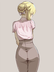  ass blonde_hair blush bow braid braided_bun clarice_(idolmaster) closed_eyes female from_behind grey_background grey_pants hair_bun hairbow idolmaster idolmaster_cinderella_girls motomoufu_(p_blanket) pants pink_bow pink_shirt shirt short_sleeves sidelocks single_hair_bun solo 