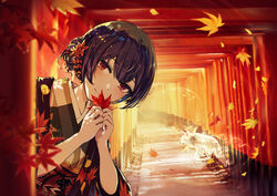  animal autumn_leaves black_hair blurry blurry_foreground closed_mouth commentary detached_sleeves female fox hair_between_eyes hair_bun hair_ornament holding holding_leaf idolmaster idolmaster_shiny_colors japanese_clothes kimono leaf leaning_to_the_side maple_leaf minyom morino_rinze multiple_torii obi open_clothes red_eyes sash short_sleeves single_hair_bun smile solo spirit torii wide_sleeves 