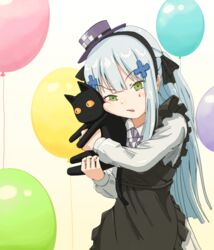  absurdres aged_down animal animal_hug apron balloon black_apron black_cat facial_mark feline female girls&#039;_frontline green_eyes hair_ornament hat headband highres hk416_(black_kitty&#039;s_gift)_(girls&#039;_frontline) hk416_(girls&#039;_frontline) hug long_hair mini_hat official_alternate_costume smile solo tilted_headwear vneckstore 